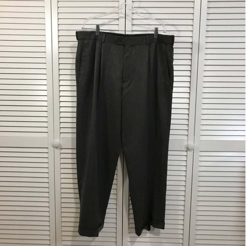 George Mens Pleated Dress Pants 38x30 Gray Cuffed Microfiber Business Slacks